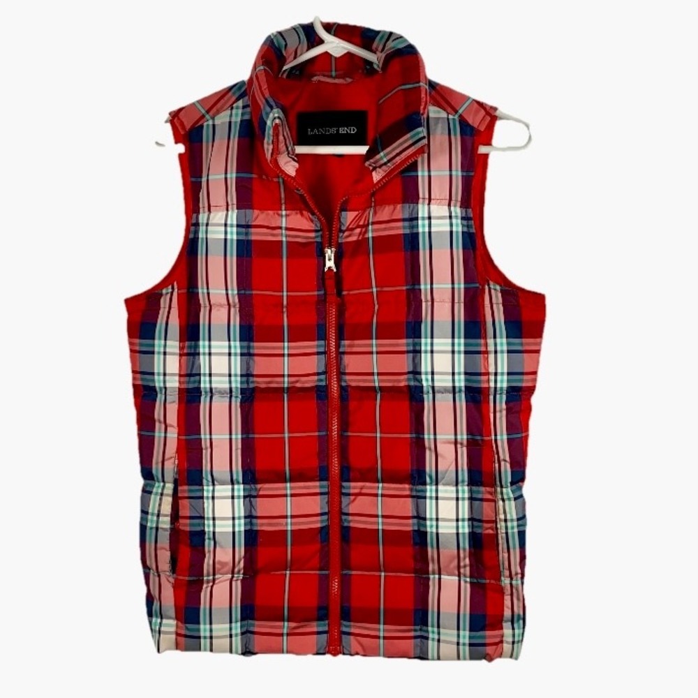 Lands End Plaid Down Puffer Vest‎ Tartan Women Sz XS (2-4) Red Blue Heritage